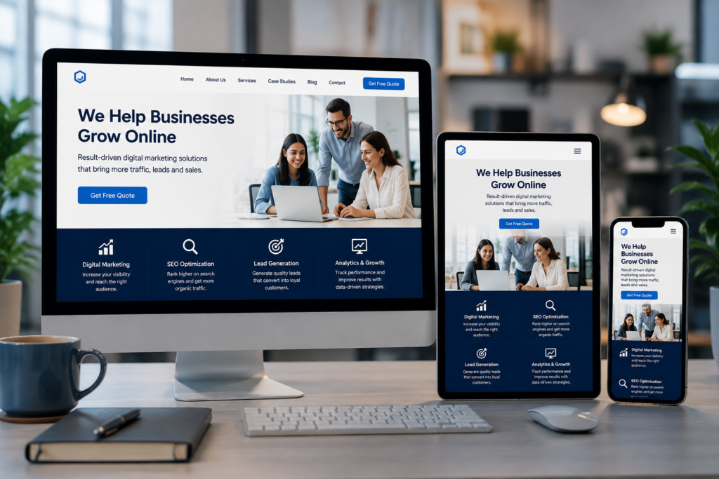 Mobile-friendly responsive business website displayed on desktop, tablet, and smartphone screens.
