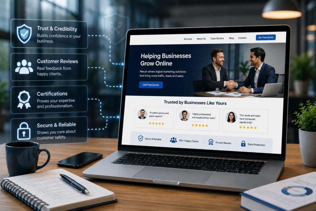 Business website trust signals including customer testimonials, Google reviews, SSL security, and client logos.