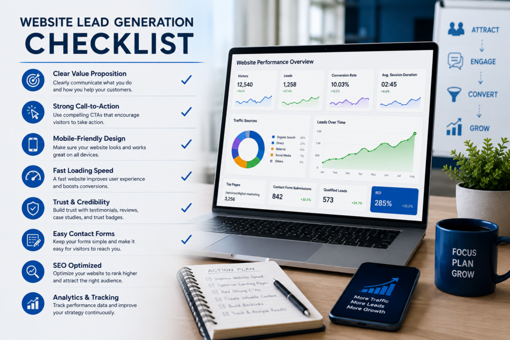 Small business website lead generation checklist with SEO, mobile optimization, CTA, trust signals, and analytics.